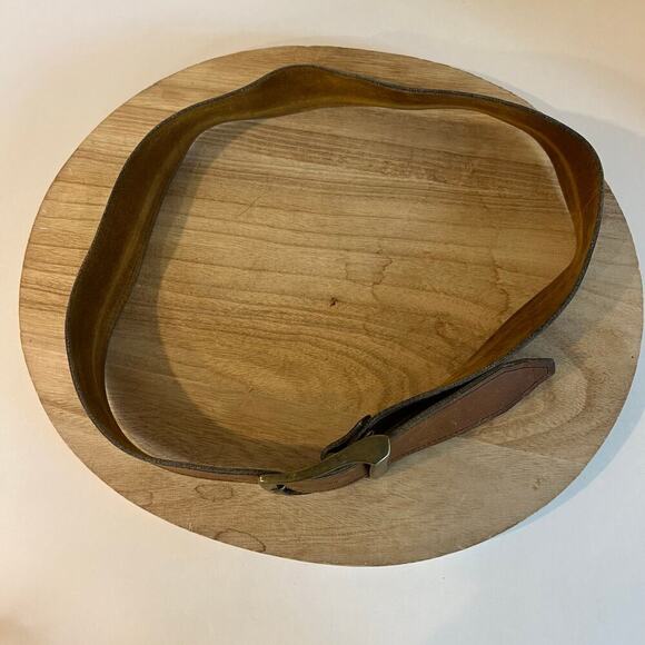 Vintage 90s Soft Tan Genuine Leather Chunky Brass Buckle Belt Size M/L - Picture 10 of 12
